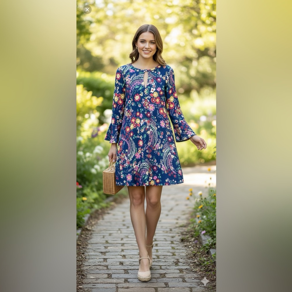Eci Blue Floral Shift Dress Bell Sleeves Key Hole XS